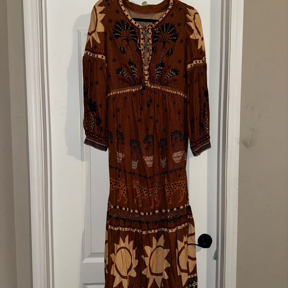 Casual Brown and burnt orange Tiered Sundress with Bishop Sleeves